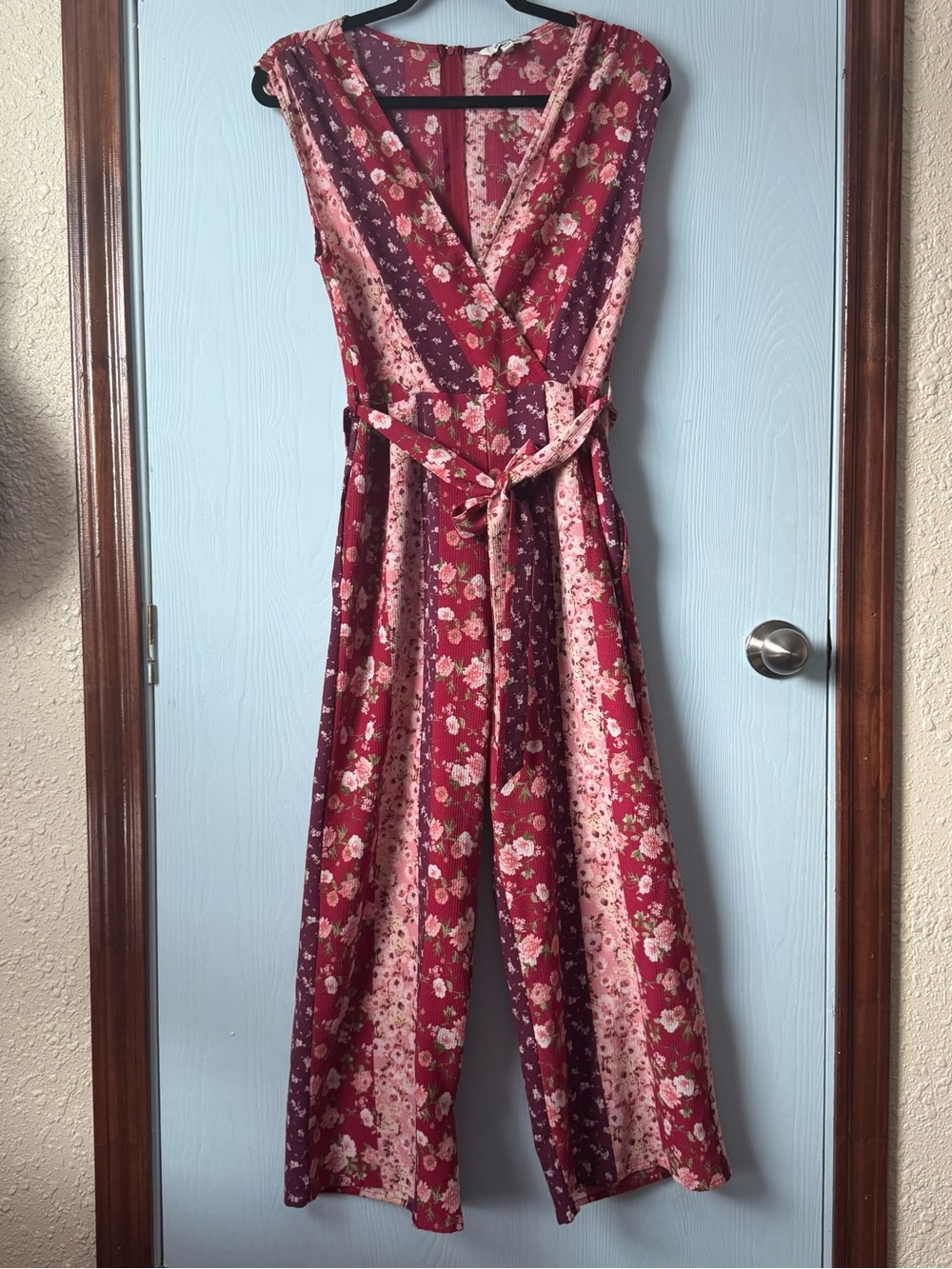 Speechless Floral Wrap Jumpsuit in Burgundy and Pink